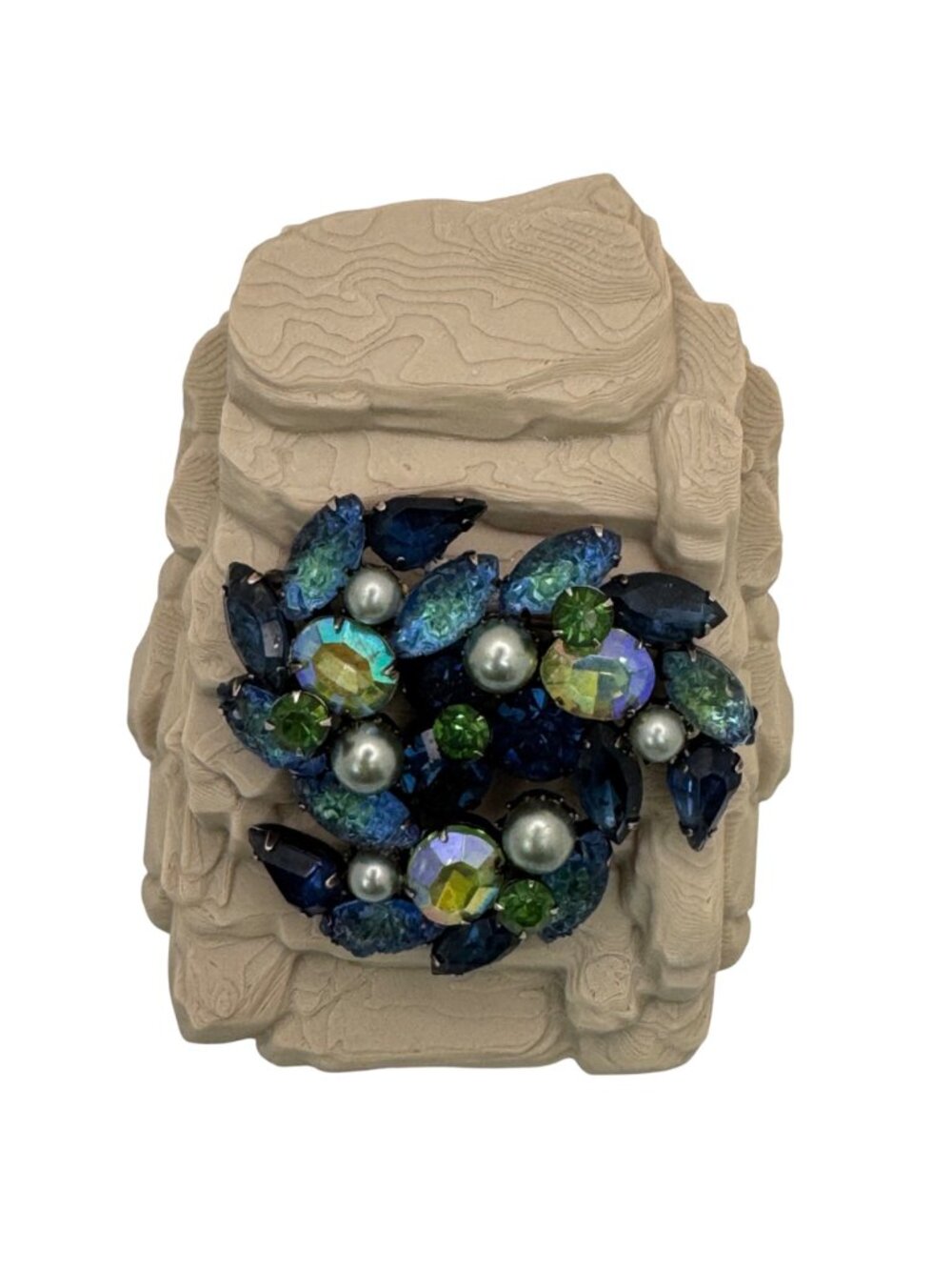 Molded Glass AB Kramer Blue & Green Rhinestone Brooch Pearls Aurora Borealis 2" - Picture 7 of 9